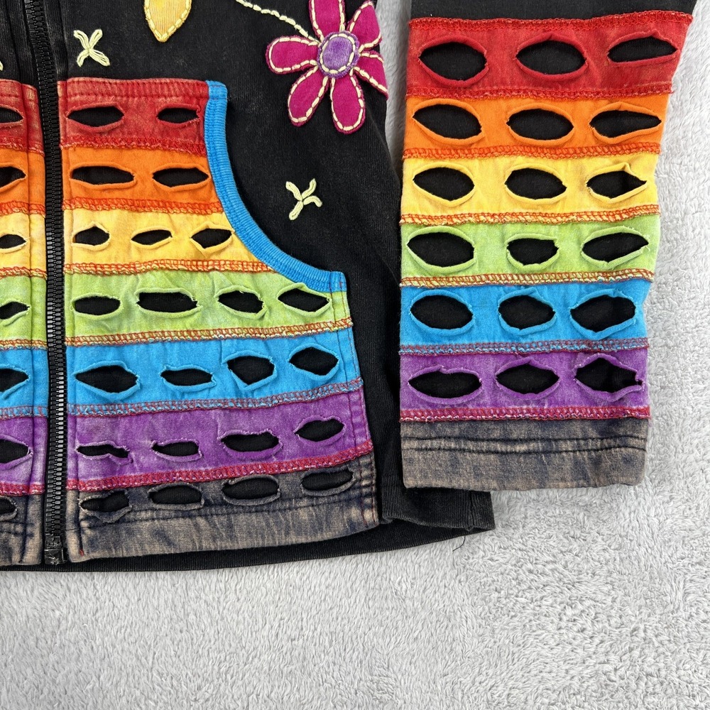 Nepal Rainbow Patchwork Cut Out Hoodie Jacket M Black Women Boho Hippie Cotton - Picture 4 of 11